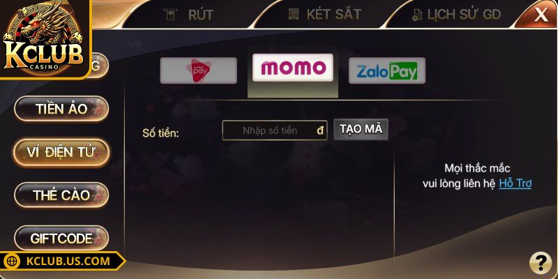 Nạp Rút Tiền KCLUB 3 Giao dịch tiện ích thông qua ví điện tử